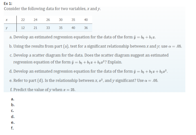 Solved: Ex 1: Consider the following data for two variables, x and y. X ...