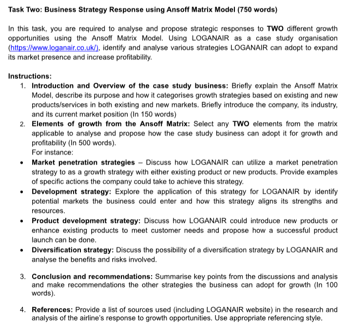 Solved Task Two Business Strategy Response using Ansoff Matrix Model